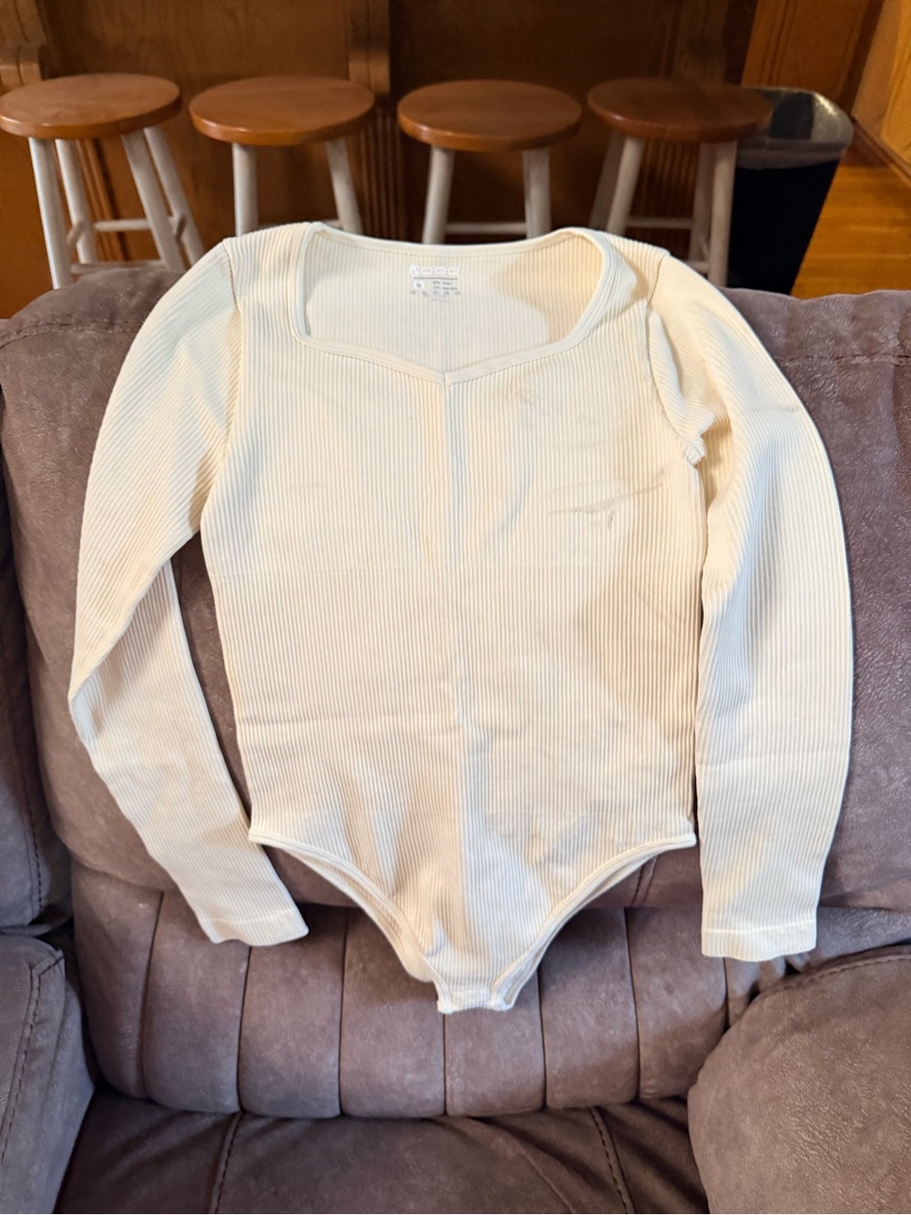 Ribbed Long-Sleeve Cream Bodysuit - Classic Scoop Neck